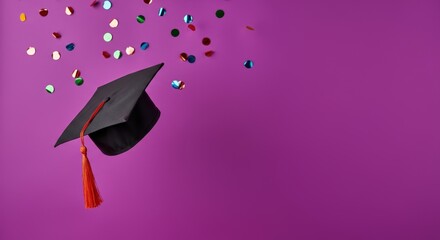 Graduation cap tossed in air with colorful confetti on purple background