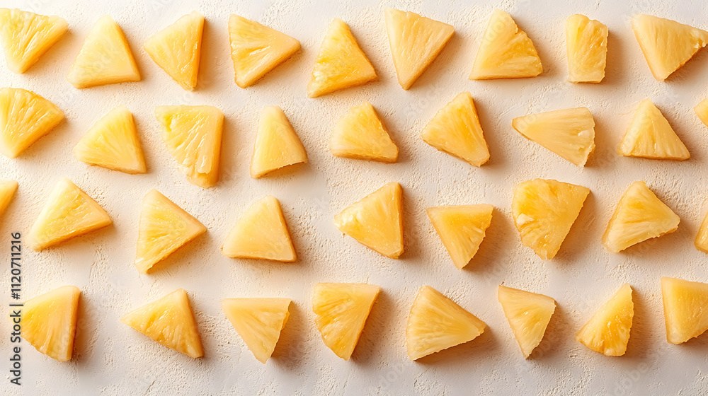Poster overhead shot of triangular pineapple slices arranged in neat rows on a light beige background. the 
