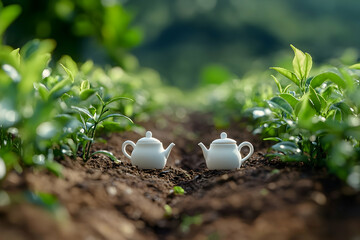 A whimsical scene of two teapots nestled among vibrant tea plants in a lush field.
