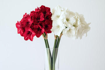 Beautiful Cbouquet of red and white amaryllis flowers in a glass vase