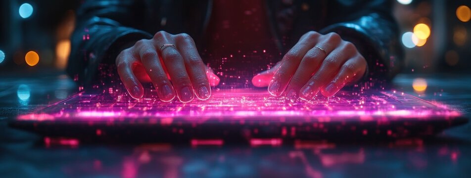 Futuristic Computer Engineer Typing on Laptop with Holographic Interface in Cyberpunk Data Center