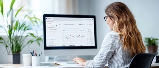 Woman analyzing data on computer screen at desk.
