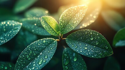 Dew drops on vibrant green leaves in sunlight.