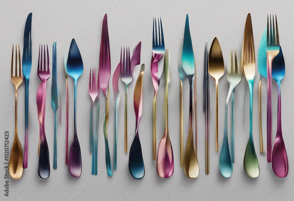 Poster set of various modern realistic dinner forks in different colours isolated on transparent background