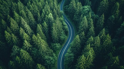 Aerial View of Winding Road Through Lush Evergreen Forest