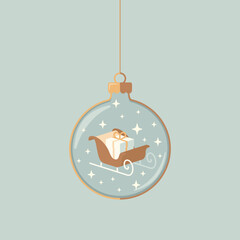 Minimalistyczny wzór bożonarodzeniowej kartki z saniami Świętego Mikołaja z prezentem i małymi gwiazdkami w nowoczesnym i eleganckim stylu. © Monika