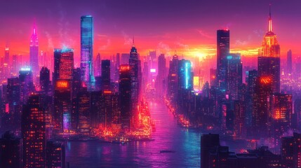 Fototapeta premium Vibrant city skyline at sunset with colorful lights reflecting on water.