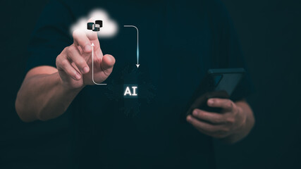 The person showing AI technology that connects information to various systems, concepts,...