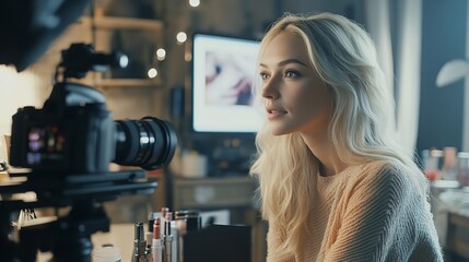 Young Adult Woman Holding Camera Looking at Camera Capturing Beauty.
