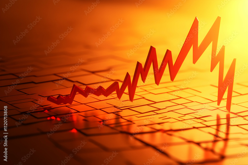 Poster red arrow graph shows sharp increase on orange background.