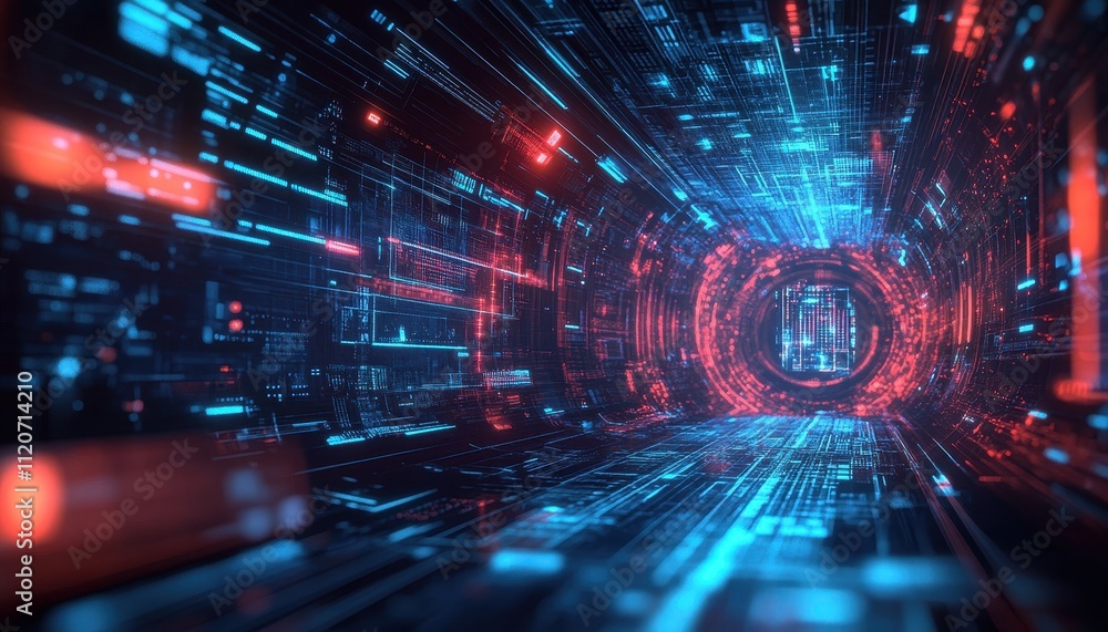 Poster futuristic digital tunnel of red and blue data streams