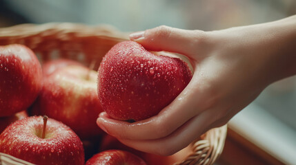 A hand grabbing a red apple from a basket, picking a ripe apple