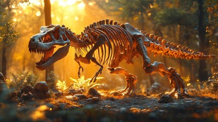 Dinosaur Skeleton Excavation Discovery in Archaeological Site with Fossilized Bones and Earth