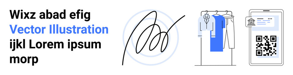 Abstract composition with text, handwritten signature, clothing rack with garments, and a smartphone displaying QR code and user icon. Ideal for creative design, digital authentication, fashion