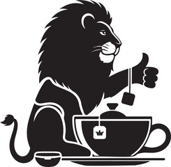 Sitting lion with tea cup silhouette vector art