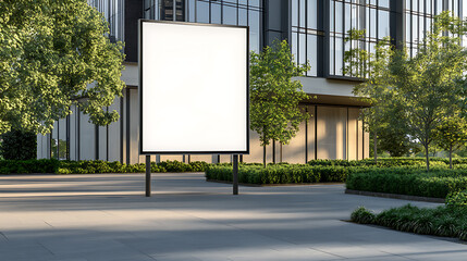 Fototapeta premium Blank Billboard Mockup in Modern City Setting: A clean, minimalist advertisement display outside a contemporary building with lush greenery