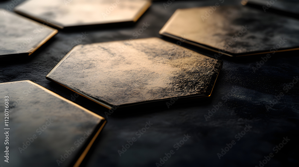 Poster close-up of hexagonal, dark metallic tiles with a subtle gold edge, arranged in a honeycomb pattern 