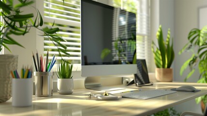 Fototapeta premium Photorealistic image of a cozy home office with plants and sunlight 
