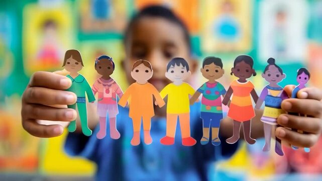 Close up of boy holding paper dolls garland for Children's Day. Selective focus