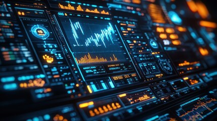 Fototapeta premium Futuristic digital dashboard displaying stock market data, graphs, and charts with glowing blue and orange interfaces.