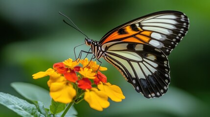 Close-up of a striking orange, black, and white butterfly delicately feeding on vibrant yellow and red flowers.