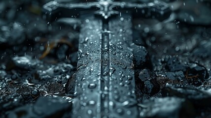 Photorealistic close-up of a detailed ancient sword lying on the ground
