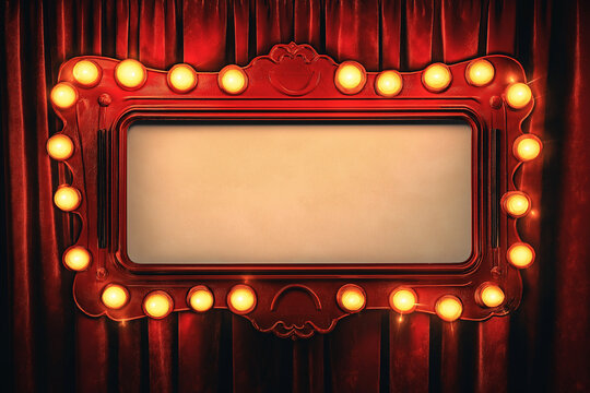 A red retro-style theater marquee with a white background and lights, a vector graphic design.

