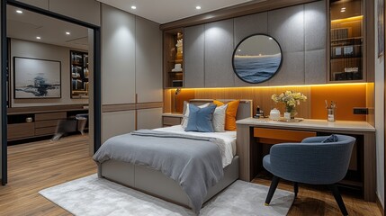 Modern bedroom with built-in desk, grey bedding, and a circular wall art.