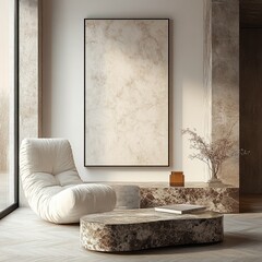 Scandinavian Living Room Interior Mockup with White Chair and Marble Coffee Table