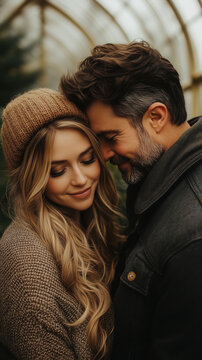 Intimate Couple Embracing in a Greenhouse, Sharing a Tender Moment