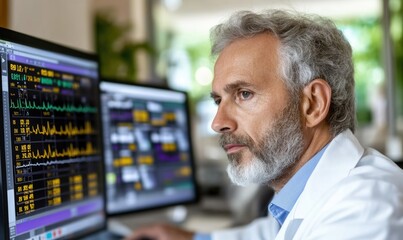 Medical professional: doctor diligently working on computer, analyzing patient records, utilizing digital tools to enhance healthcare delivery, integration of technology in modern medicine.