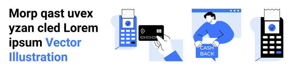 Digital card reader, hand holding a credit card, person with cashback sign. Ideal for online payment, e-commerce, financial services, retail, tech solutions, banking, mobile transactions. Landing