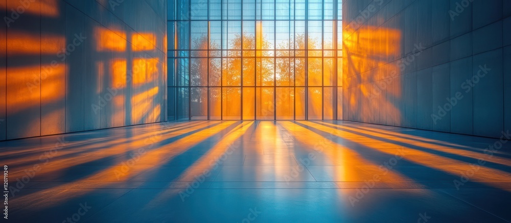 Poster sunset light streams through large window into modern building, illuminating empty interior space.