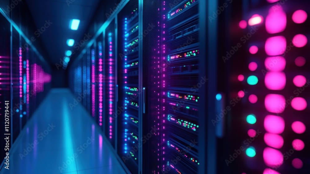 Poster neon-lit server room corridor with rows of data storage racks.