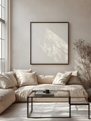 Living Room Interior Design Poster Mockup Modern Stylish Frame Blank Canvas Cozy Sofa