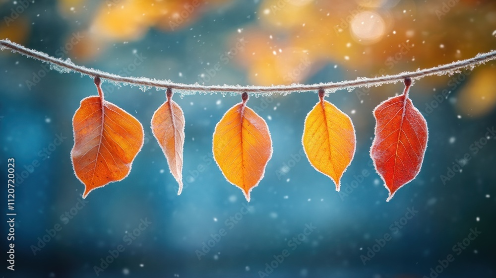 Poster four frost-covered autumn leaves hang on a string against a blurred bokeh background of falling snow
