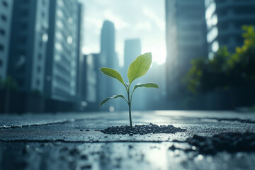 New sprout growing through concrete and asphalt, a symbol of hope and growth for new life in an urban environment