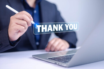 Thank you business for presentation, Display a message on creen of virtual, Business write the message thank you to express gratitude for talk, Innovation technology and acknowledgment concept.