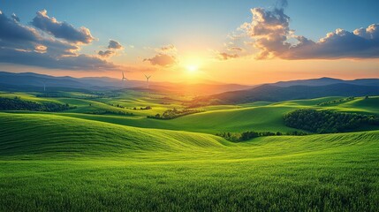 Obraz premium Breathtaking Sunrise Over Rolling Green Hills with Wind Turbines in the Distance, Showcasing the Beauty of Nature and Renewable Energy in Harmony