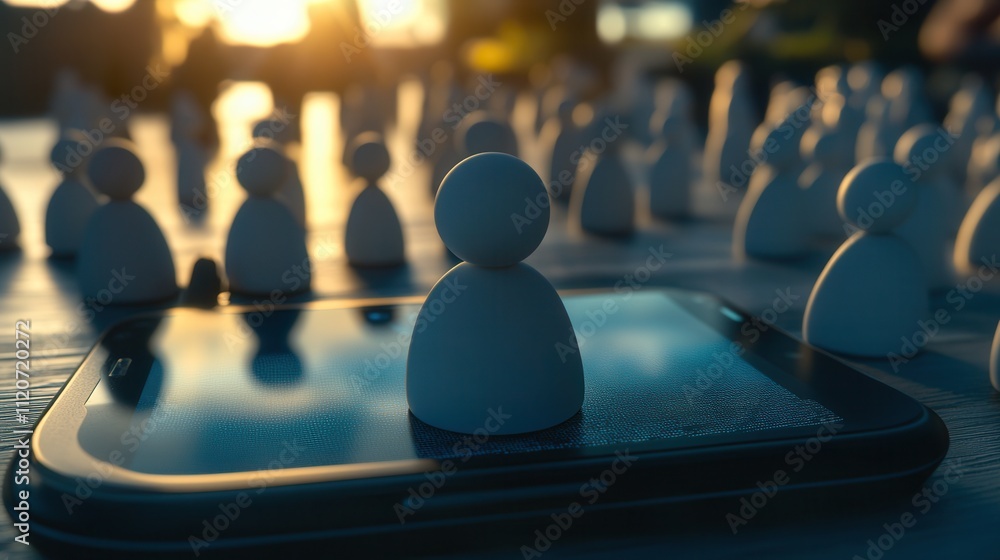 Poster unique figures on smartphone display representing community engagement and connection