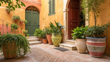 Decorative plants in vibrant ceramic pots peek out from various corners their lush greenery contrasting beautifully against the warm saturated colors of the space bringing a breath