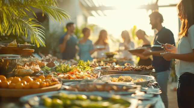 Diverse families enjoying traditional dishes at festive gathering