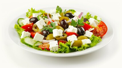 High-resolution photo of a fresh Greek salad with feta cheese and olives
