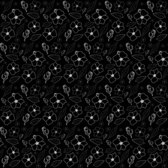 Florals and leaf polka dots repeat seamless pattern.Botanical nature unique hand drawn white on black background.Abstract tropical plan flat style vector.For textile,package,fabric,banner,decoration.