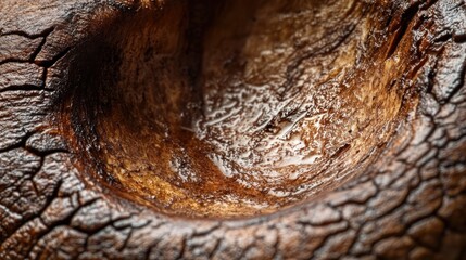 Close-up of a dark brown, textured, wooden bowl with a hollowed-out center, showing intricate grain and cracks.
