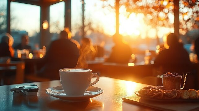 Cozy Business Networking Breakfast at Sunset in a Café