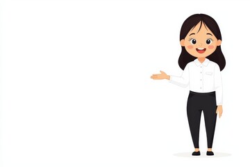 Confident Businesswoman in White Shirt and Black Trousers Smiling and Gesturing in Professional Setting