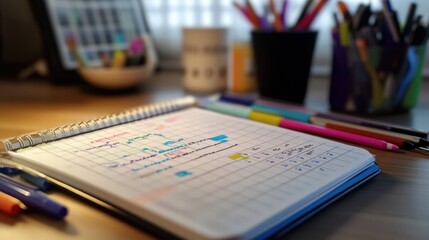 Fototapeta premium Colorful Pens and Notebook on Desk