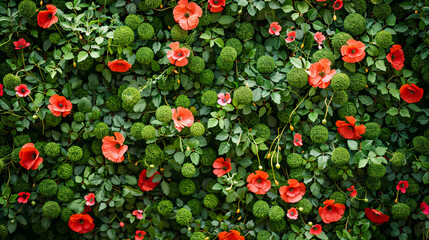 Obraz premium Artificial Grass Wall: Pretty fake grass wallpaper with red flowers.