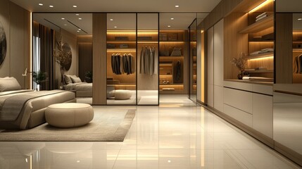 Fototapeta premium Modern bedroom with walk-in closet and luxurious interior design.